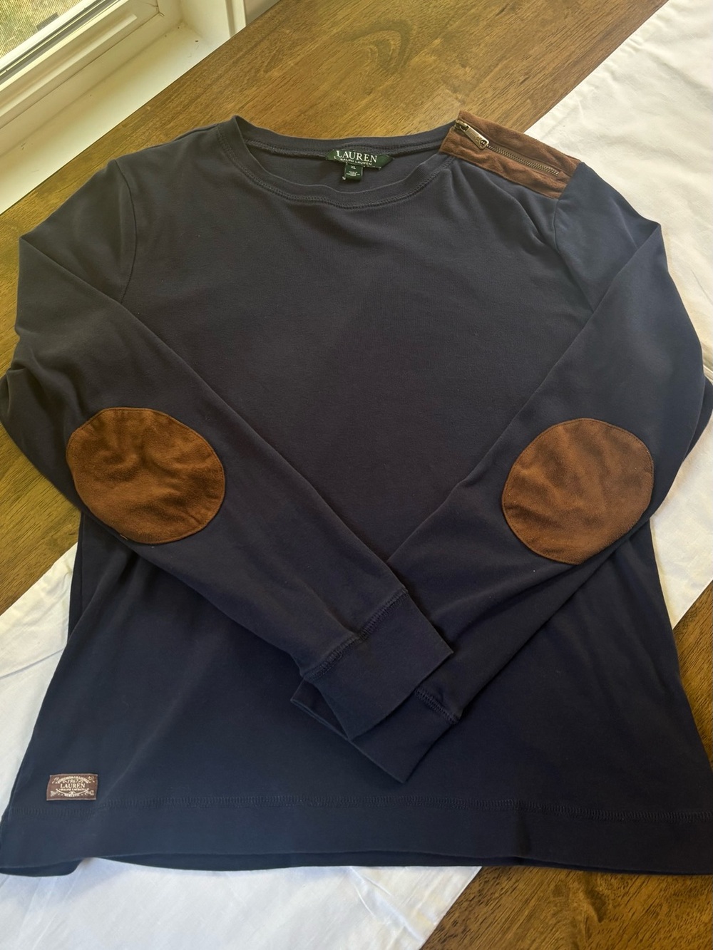 Lauren Ralph Lauren Navy Long-Sleeve Shirt with Brown Elbow Patches Women’s XL